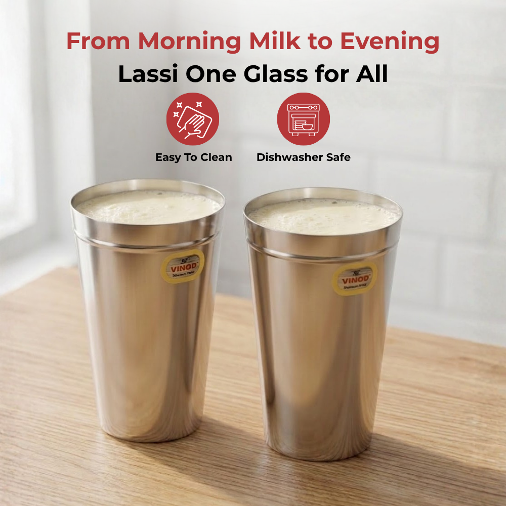 VINOD Stainless Steel Jumbo Lassi Glass Set of 2 - 650 ml with Food-Grade Stainless Steel, Mirror Finish, Rust Free, Dishwasher Safe
