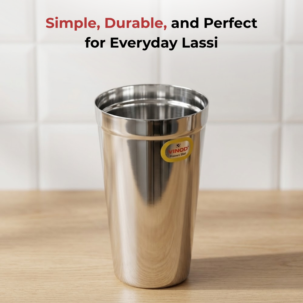 Vinod stainless steel jumbo lassi glass set of 2, 650 ml, angled view