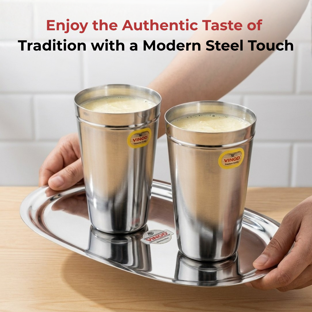 Vinod stainless steel jumbo lassi glass set of 2, 650 ml, close-up detail