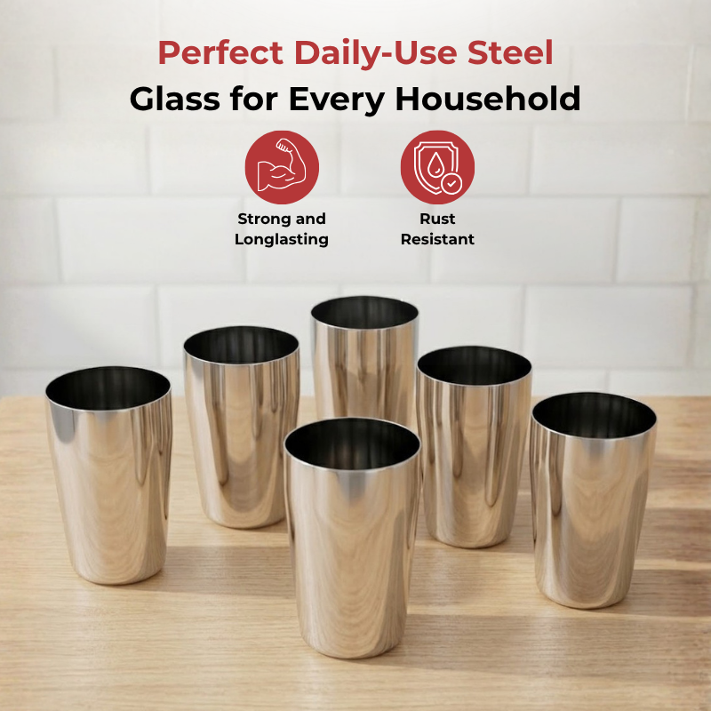 VINOD Stainless Steel Ice Thumbs Up Glass Set of 6 - 350 ml with High Grade Stainless Steel, Mirror Finish, Tough & Strong, Rust Free