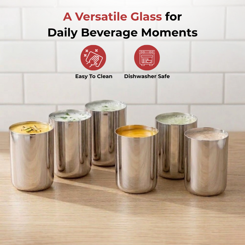VINOD Stainless Steel Juicee Glass Set of 6 - 250 ml, Highest Grade Steel, Rust Free, Tough and Strong, Mirror Finish & Dishwasher Safe