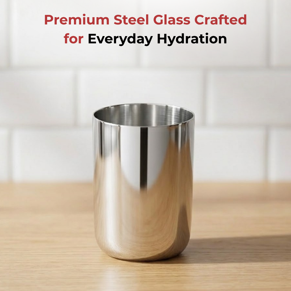 Vinod Stainless Steel Juicee Glass Set of 6, angled view