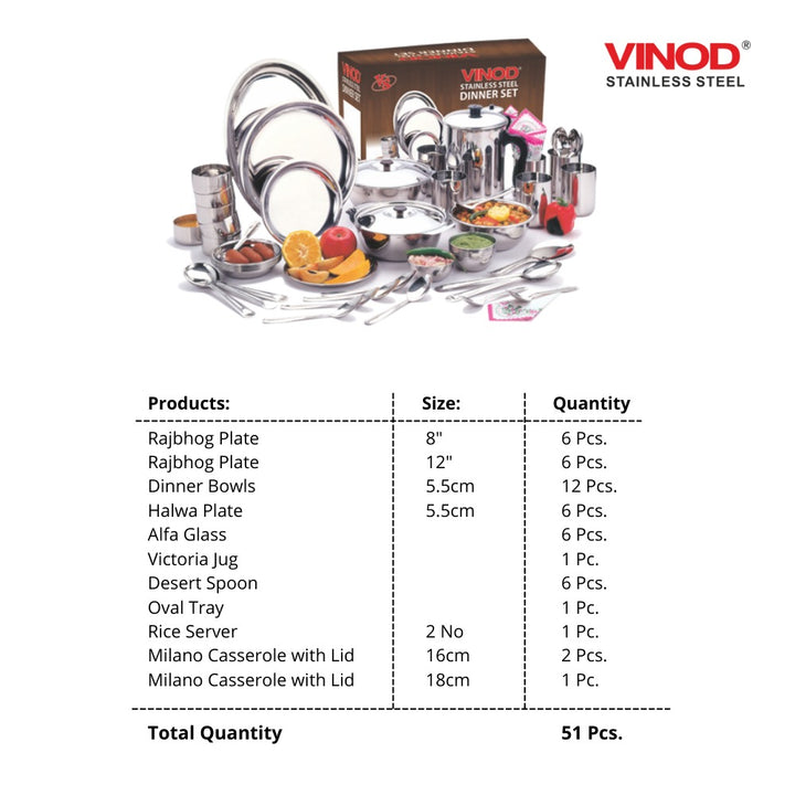 Vinod Stainless Steel 51 Pieces. Dinner Set For Six Persons