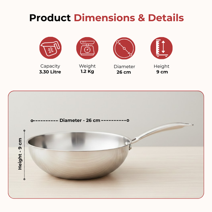 VINOD Doniv Titanium Triply Stainless Steel Wok 26 cms, Capacity 3.30 Liter