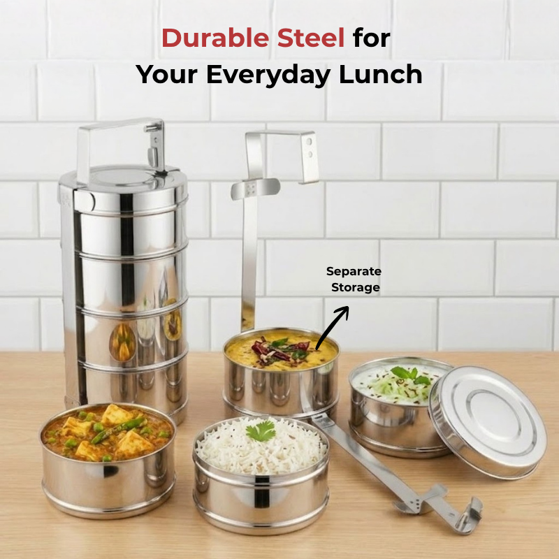 VINOD Bombay Stainless Steel Tiffin 4 Compartment - 10 Inch, Mirror Finish, Rust Free, Durable, Easy to Carry & Easy to Clean