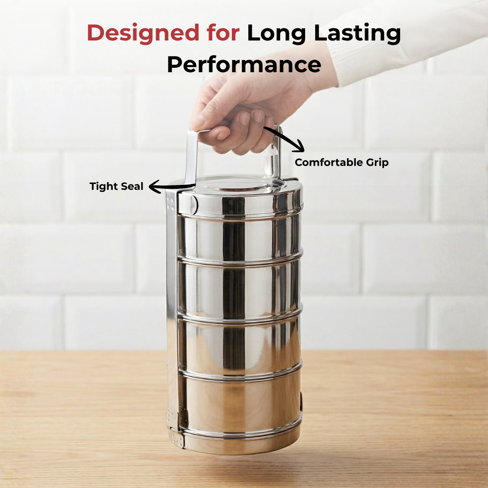 Vinod Bombay Stainless Steel Tiffin 4 Compartment, close-up detail