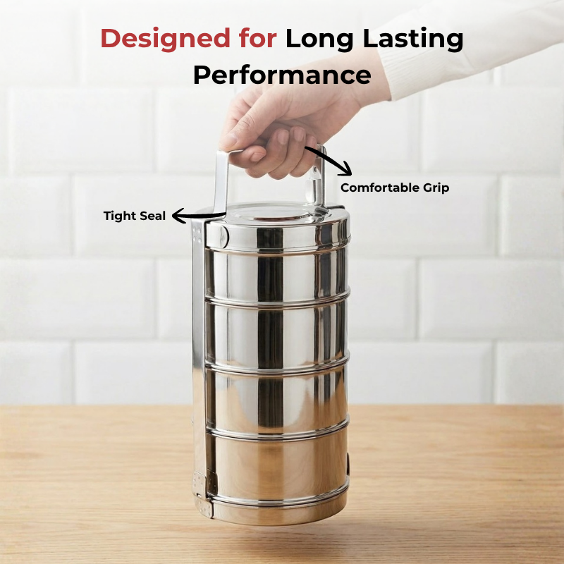 VINOD Bombay Stainless Steel Tiffin 4 Compartment - 10 Inch, Mirror Finish, Rust Free, Durable, Easy to Carry & Easy to Clean