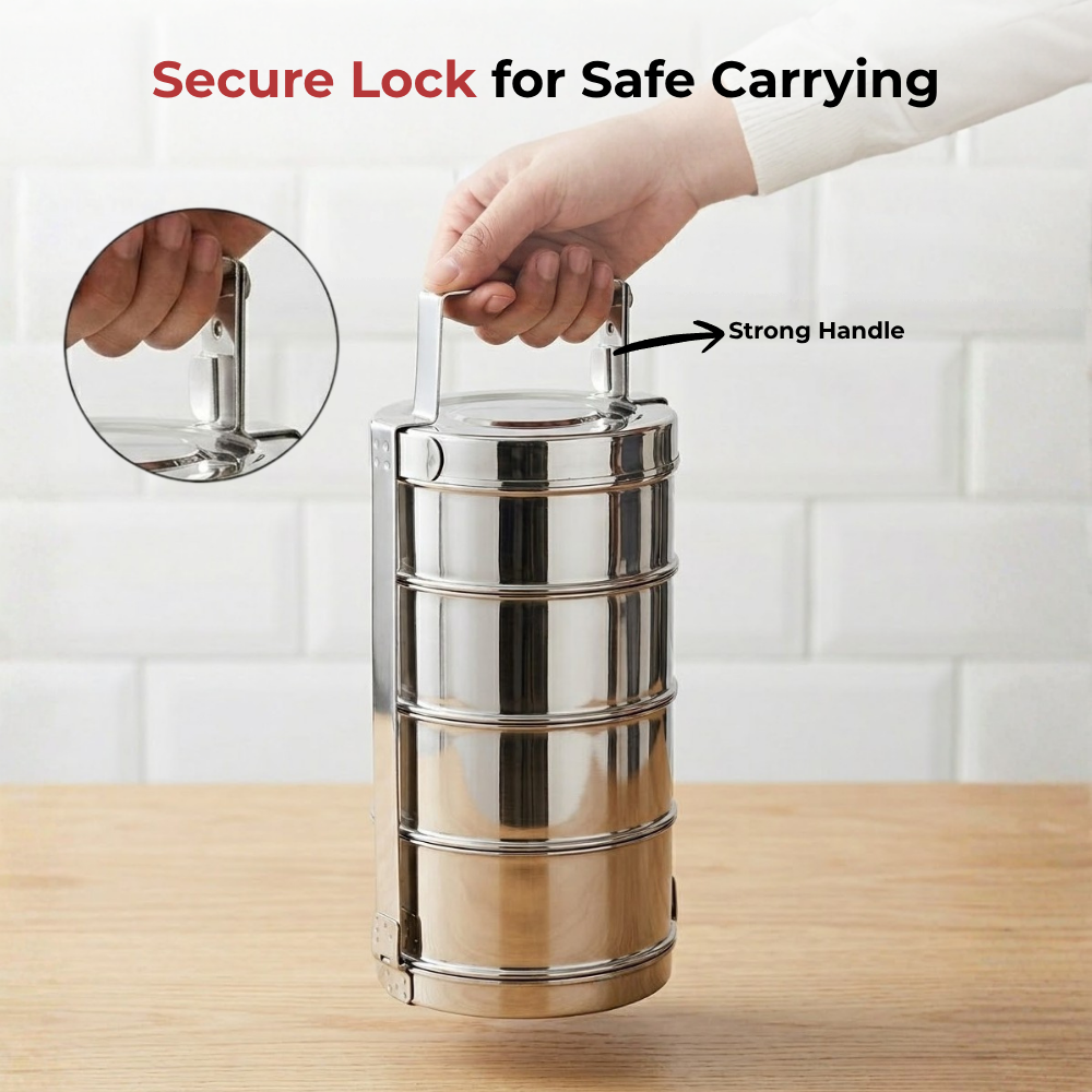 Vinod Bombay Stainless Steel Tiffin 4 Compartment, in-use view