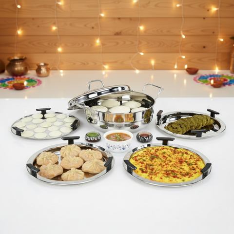VINOD – Doniv Stainless Steel Induction Bottom Multi Kadhai with 6 Plates (2 Idli, 1 Mini Idli, 1 Patra/Momos, 2 Khaman / Dhokla)