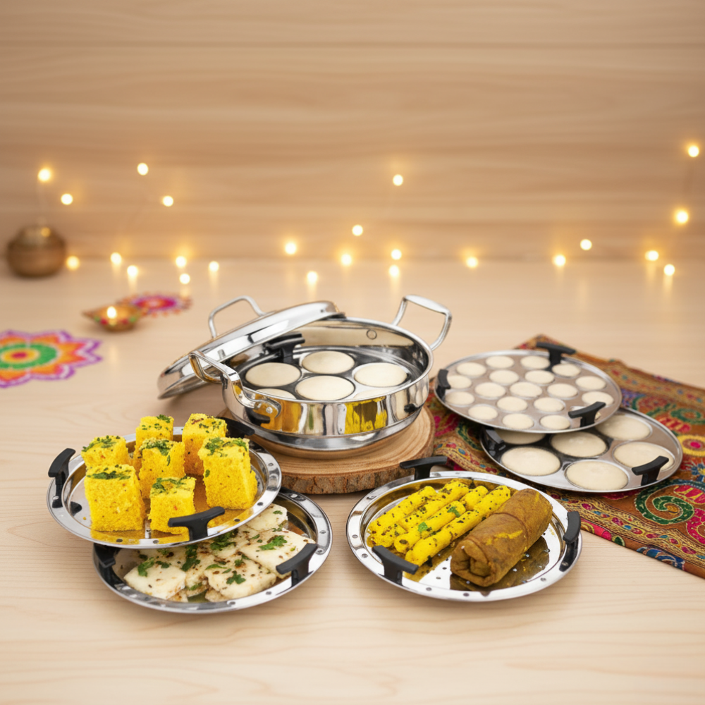 विनोद - डोनिव ट्रिपली स्टेनलेस स्टील 6 प्लेट और 1 बहुउद्देशीय कड़ाही स्टीमर इडली, ढोकला, मोमोज के लिए हैवी गेज इडली ढोकला कुकर इंडक्शन और गैस स्टोव के अनुकूल (2 इडली, 1 मिनी इडली, 1 पात्रा/मोमोज, 2 खमन/ढोकला)