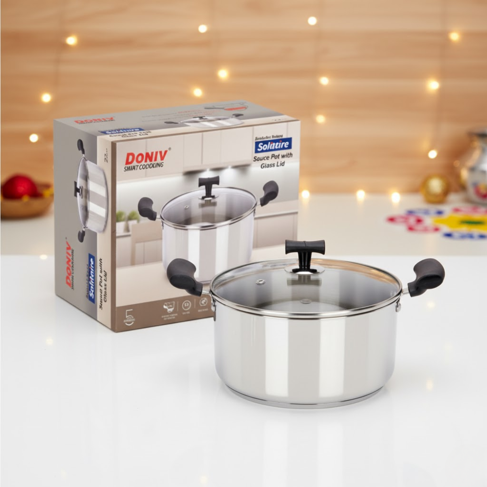 VINOD – DONIV Stainless Steel Sandwich Bottom Solitaire Sauce Pot with Glass Lid & Side handle, Induction Friendly, Capacity 2.4 Liter (18cm)