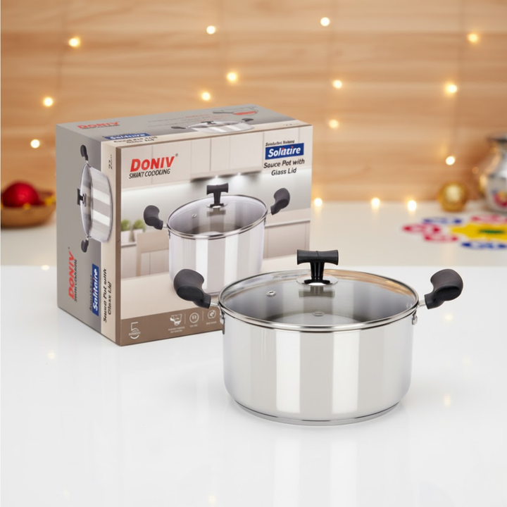 VINOD – DONIV Stainless Steel Sandwich Bottom Solitaire Sauce Pot with Glass Lid & Side handle, Induction Friendly, Capacity 2.4 Liter (18cm)
