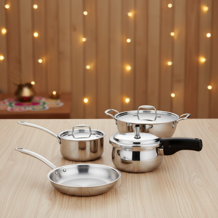 VINOD Doniv Titanium Triply Stainless Steel 4 Piece Large Cookware Set & Pressure Cooker, Kadai, Sauce Pan, Frypan