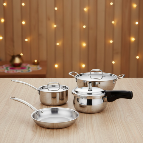 VINOD Doniv Titanium Triply Stainless Steel 4 Piece Large Cookware Set & Pressure Cooker, Kadai, Sauce Pan, Frypan