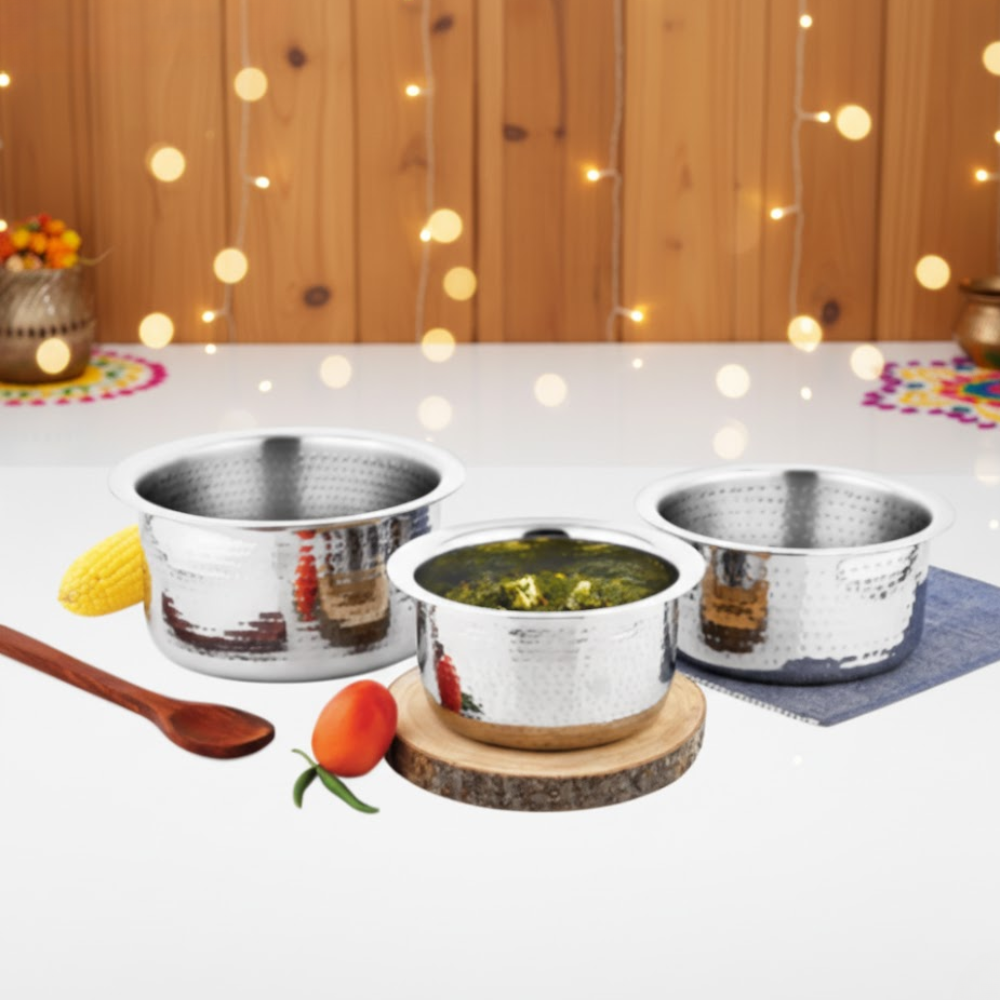 Vinod Stainless Steel Claro Hammered Tope / Patila - Set of 3 - Capacity 1.8 Liter, 3 Liter & 4.6 Liter