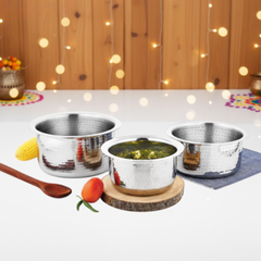 विनोद स्टेनलेस स्टील क्लारो हैमर्ड टोपे / पटिला - 3 का सेट - क्षमता 1.8 लीटर, 3 लीटर और 4.6 लीटर