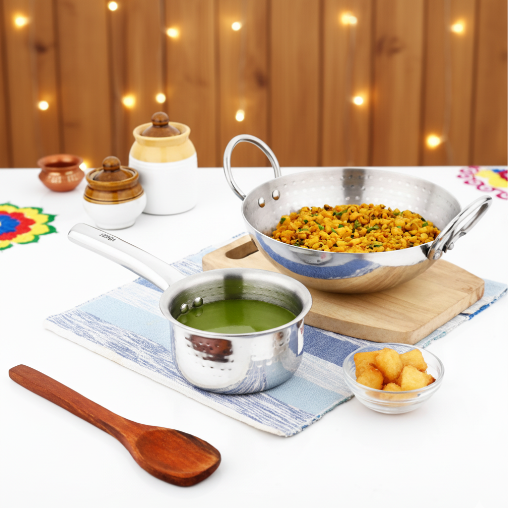 Vinod - Claro Heavy Gauge Stainless Steel Hammered Kadai 2.4 Liter (24 cm) and Sauce pan 900ml (14cm) with 1.5 mm Thickness, Set of 2