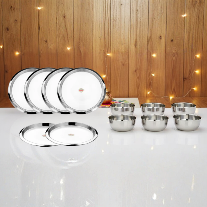 Vinod Stainless Steel Two Tone Plate, Lunch & Dinner Plate - 6 Pcs, Diameter 29.5 cm with Free Two Tone Bowl 100 ml - 6 Pcs Worth Rs 699