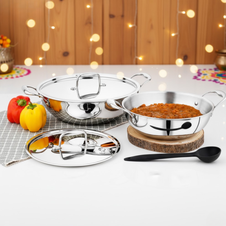 VINOD Doniv Titanium Triply Stainless Steel Kadhai with Cover, Set of Two, Capacity 3.3 Liter & 5 Liter (26cm & 30cm)