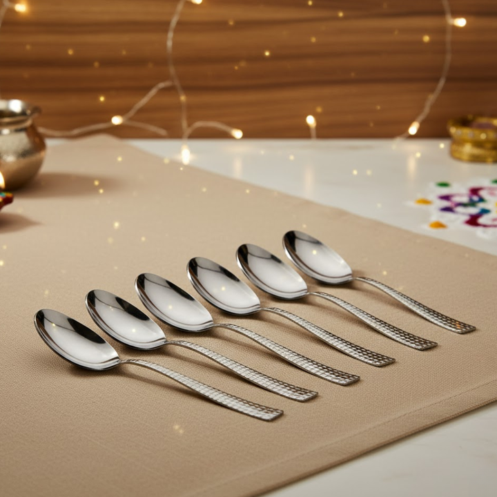 Vinod Stainless Steel 12 Pcs Hammered Finish Baby Spoon, Cutlery Set, Rust Free, Mirror Polish, Premium Dinner Spoon, Tableware, Silver