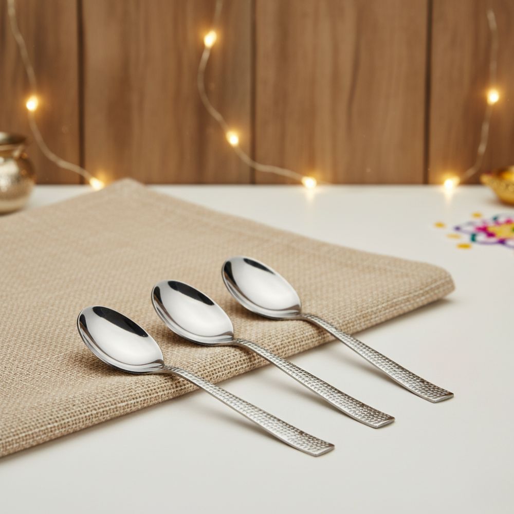 Vinod Stainless Steel 6 Pcs Hammered Finish Serving Spoon Cutlery Set, Rust Free, Mirror Polish, Premium Dinner Spoon, Tableware, Silver