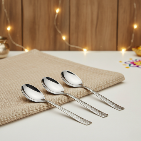 Vinod Stainless Steel 6 Pcs Hammered Finish Serving Spoon Cutlery Set, Rust Free, Mirror Polish, Premium Dinner Spoon, Tableware, Silver