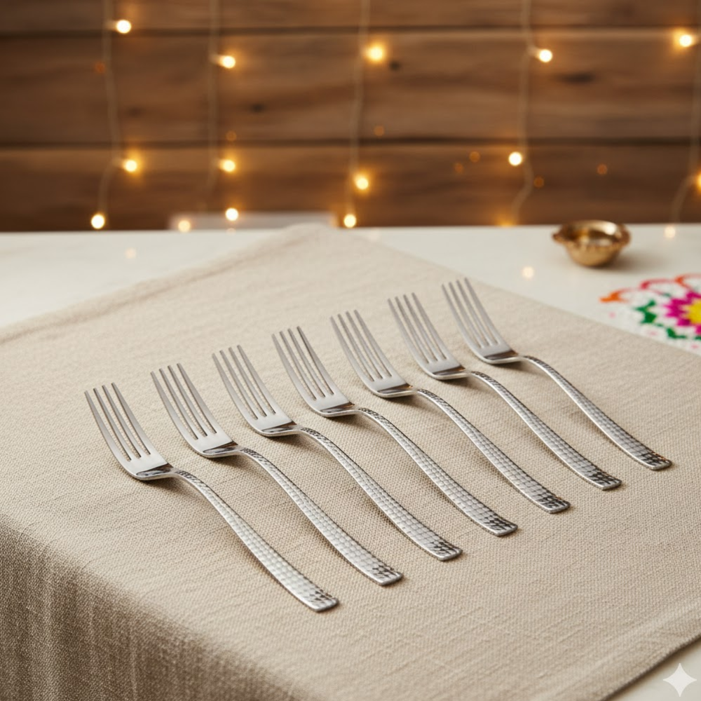 Vinod Stainless Steel 12 Pcs Hammered Finish Baby Fork, Cutlery Set, Rust Free, Mirror Polish, Premium Dinner Spoon, Tableware, Silver