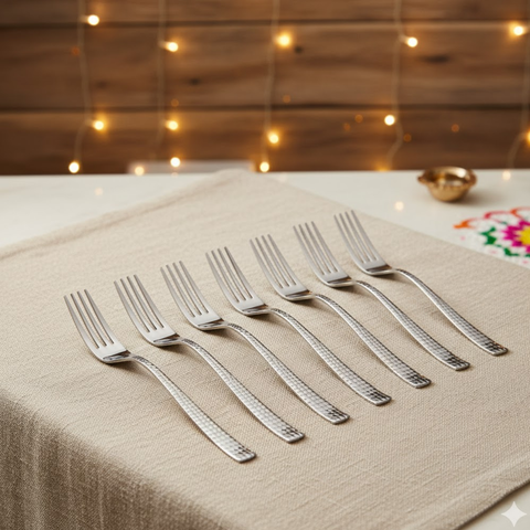 Vinod Stainless Steel 12 Pcs Hammered Finish Baby Fork, Cutlery Set, Rust Free, Mirror Polish, Premium Dinner Spoon, Tableware, Silver