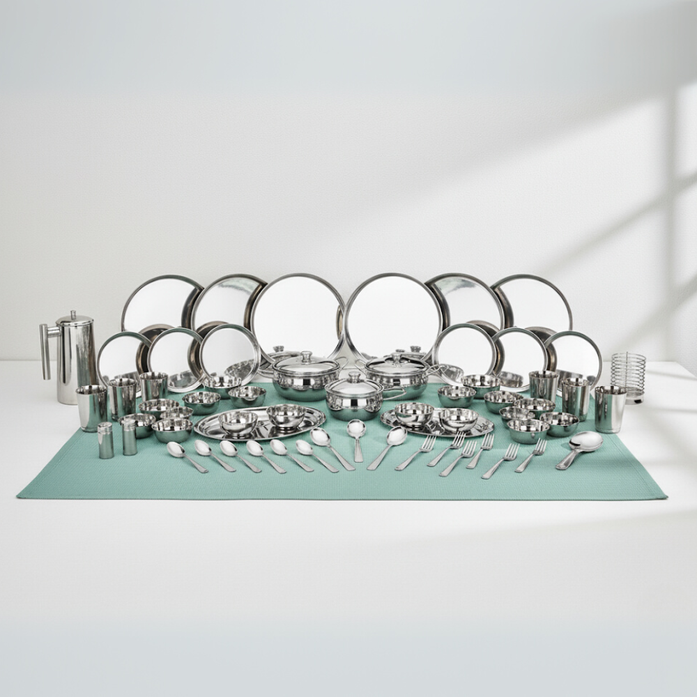 विनोद स्टेनलेस स्टील 61 पीस डिनर सेट प्रीमियम किचन सेट टिकाऊ, डिशवॉशर सुरक्षित, गृहप्रवेश उपहार के लिए भारी गेज डिनर सेट, सिल्वर