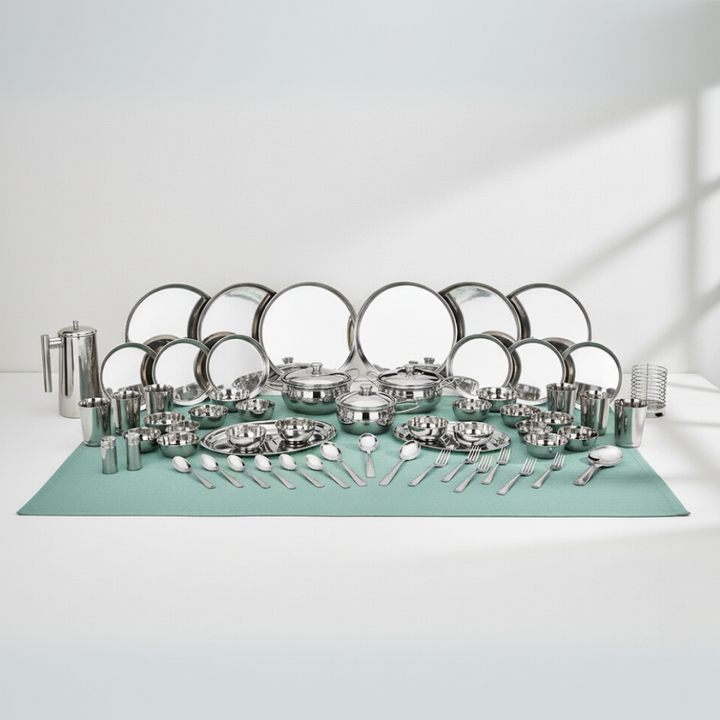 विनोद स्टेनलेस स्टील 61 पीस डिनर सेट प्रीमियम किचन सेट टिकाऊ, डिशवॉशर सुरक्षित, गृहप्रवेश उपहार के लिए भारी गेज डिनर सेट, सिल्वर