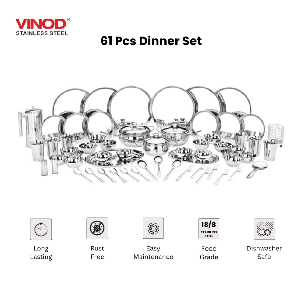 विनोद स्टेनलेस स्टील 61 पीस डिनर सेट प्रीमियम किचन सेट टिकाऊ, डिशवॉशर सुरक्षित, गृहप्रवेश उपहार के लिए भारी गेज डिनर सेट, सिल्वर