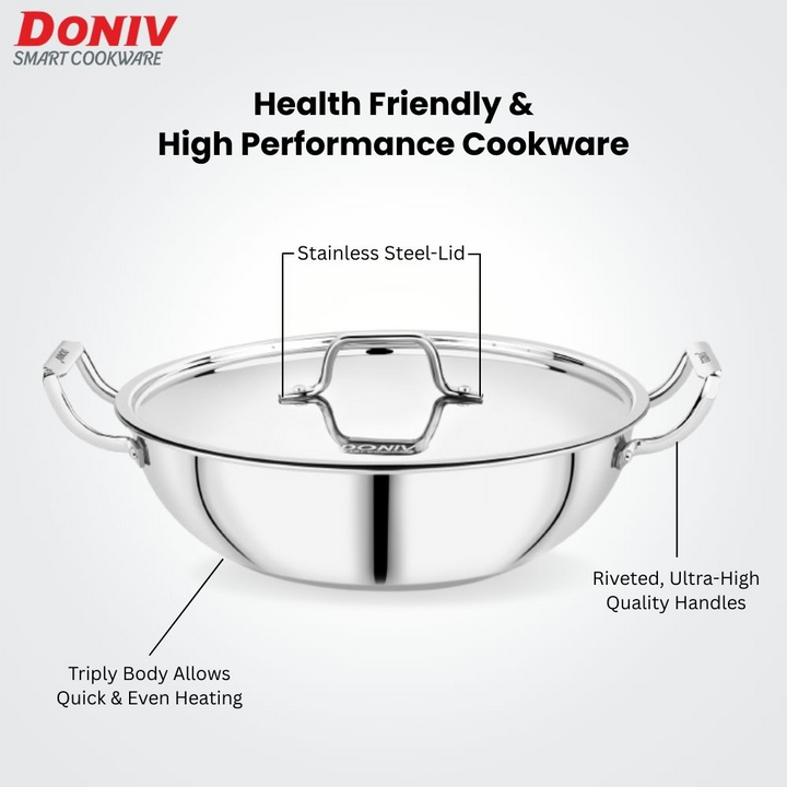 विनोद डोनिव ट्रिपली कढ़ाई ढक्कन के साथ, भारी तले वाली 4.8 लीटर गहरी कढ़ाई, साइड हैंडल के साथ, इंडक्शन और गैस स्टोव के अनुकूल, डिशवॉशर सुरक्षित