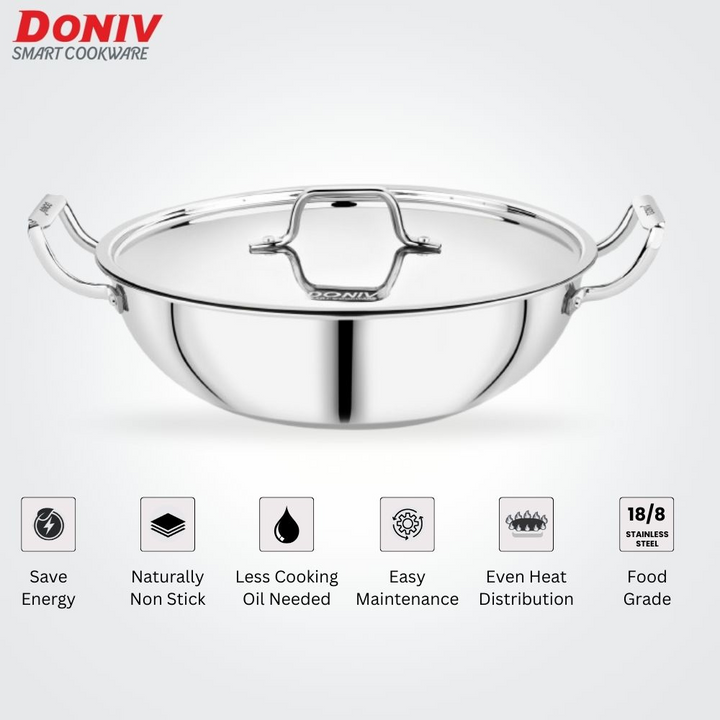 विनोद डोनिव ट्रिपली कढ़ाई ढक्कन के साथ, भारी तले वाली 4.8 लीटर गहरी कढ़ाई, साइड हैंडल के साथ, इंडक्शन और गैस स्टोव के अनुकूल, डिशवॉशर सुरक्षित