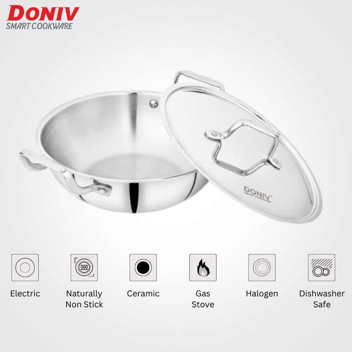 विनोद डोनिव ट्रिपली कढ़ाई ढक्कन के साथ, भारी तले वाली 4.8 लीटर गहरी कढ़ाई, साइड हैंडल के साथ, इंडक्शन और गैस स्टोव के अनुकूल, डिशवॉशर सुरक्षित