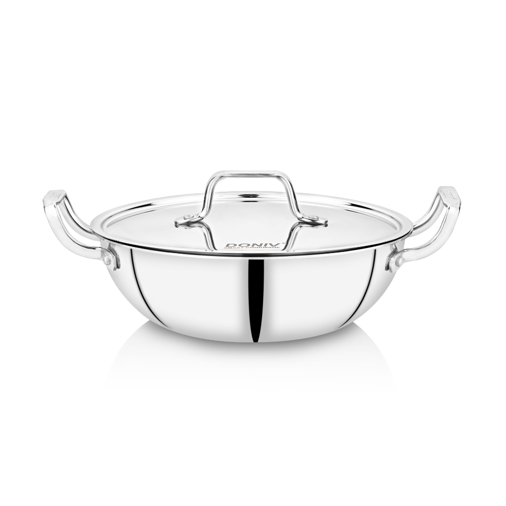 विनोद डोनिव ट्रिपली कढ़ाई ढक्कन के साथ, भारी तले वाली 4.8 लीटर गहरी कढ़ाई, साइड हैंडल के साथ, इंडक्शन और गैस स्टोव के अनुकूल, डिशवॉशर सुरक्षित