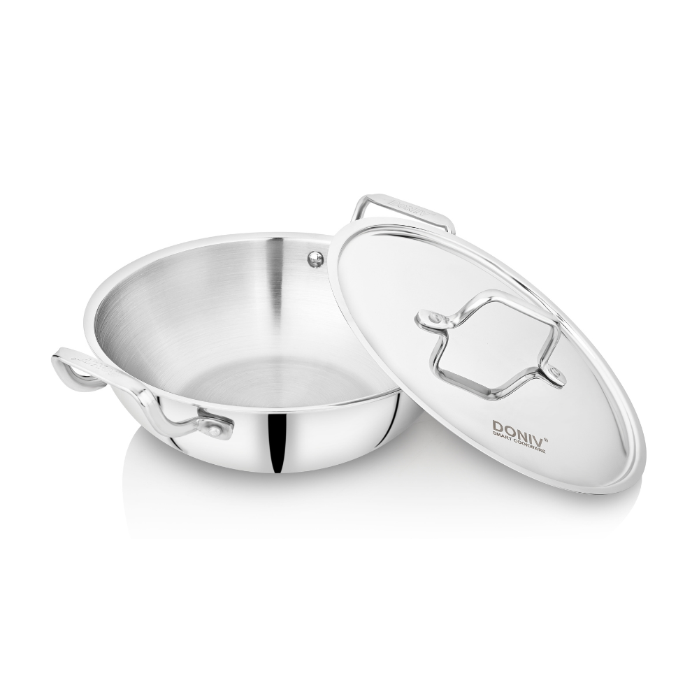 विनोद डोनिव ट्रिपली कढ़ाई ढक्कन के साथ, भारी तले वाली 4.8 लीटर गहरी कढ़ाई, साइड हैंडल के साथ, इंडक्शन और गैस स्टोव के अनुकूल, डिशवॉशर सुरक्षित