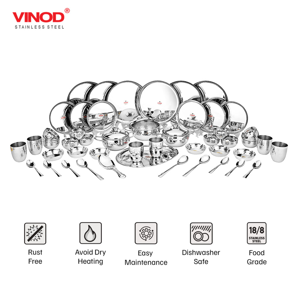 Vinod hammered stainless steel 51 piece dinner set, heavy gauge and dishwasher safe, feature overview