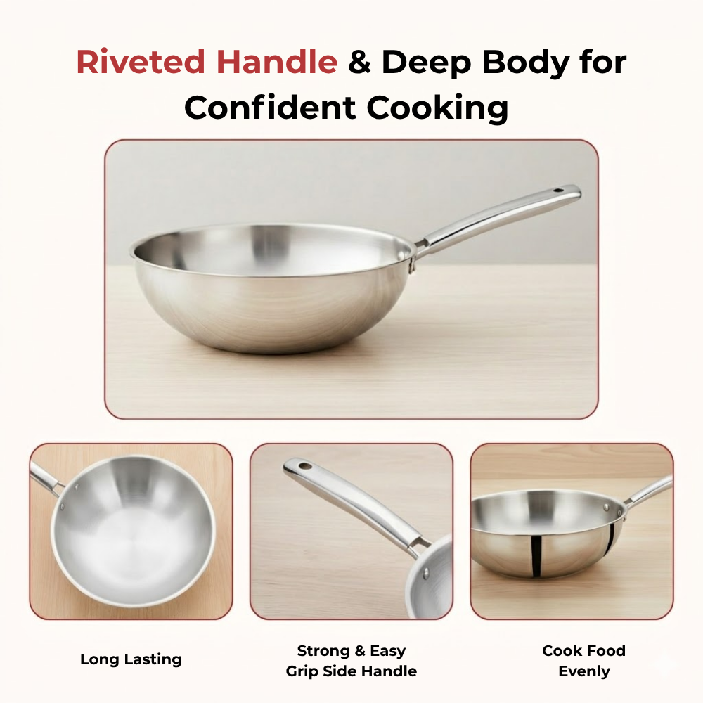 VINOD Doniv Titanium Triply Stainless Steel Wok 26 cms, Capacity 3.30 Liter