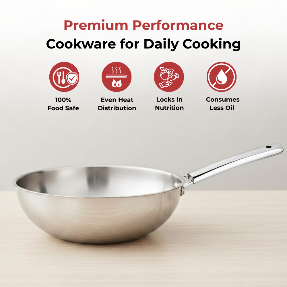 Vinod Doniv Titanium Triply Stainless Steel Wok 26 cms, 3.30 Liter, angled view