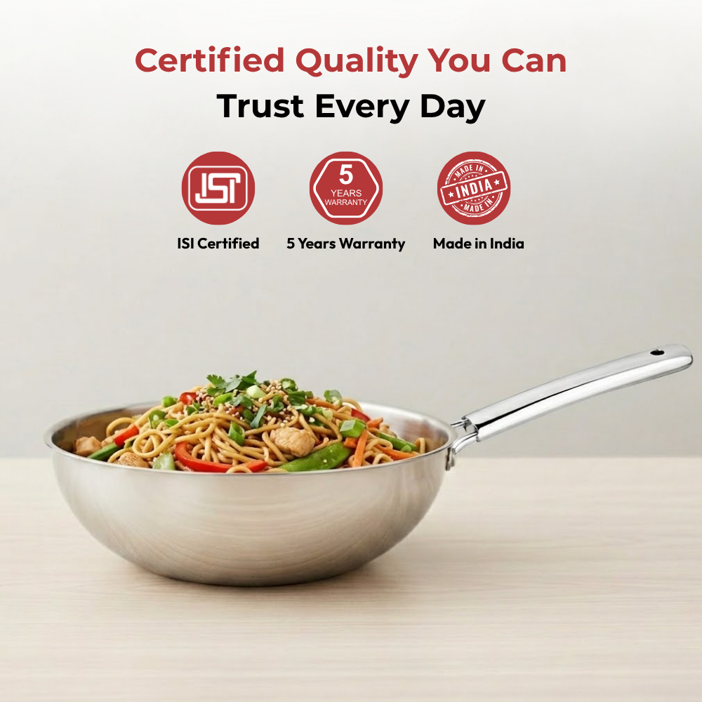 Vinod Doniv Titanium Triply Stainless Steel Wok 26 cms, 3.30 Liter, close-up detail