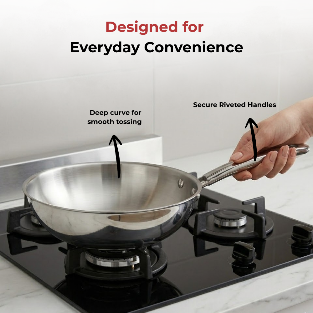 Vinod Doniv Titanium Triply Stainless Steel Wok 26 cms, 3.30 Liter, in-use view