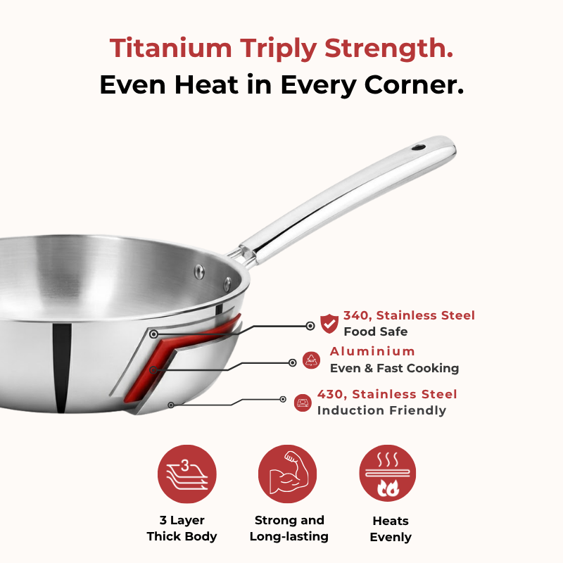 VINOD Doniv Titanium Triply Stainless Steel Wok 26 cms, Capacity 3.30 Liter