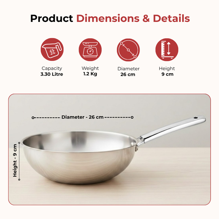 VINOD Doniv Titanium Triply Stainless Steel Wok 26 cms, Capacity 3.30 Liter