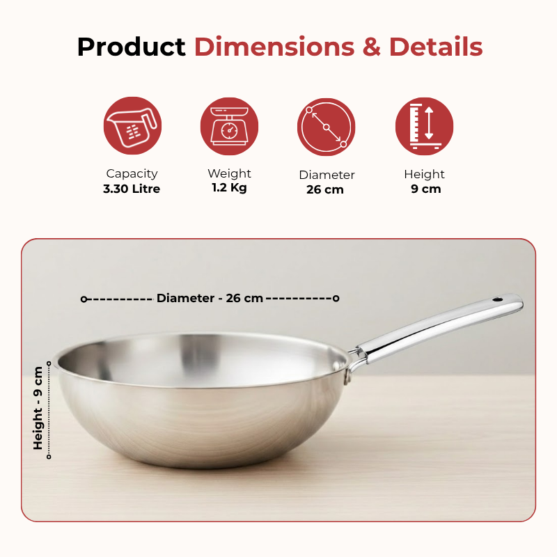 VINOD Doniv Titanium Triply Stainless Steel Wok 26 cms, Capacity 3.30 Liter