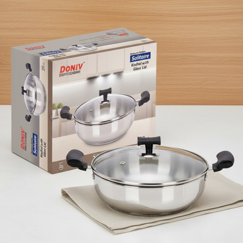 Vinod Doniv Stainless Steel Sandwich Bottom Solitaire Kadai With Glass Lid & Side handle, side view
