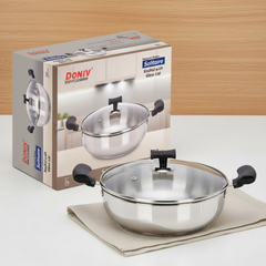 विनोद - डोनिव स्टेनलेस स्टील सैंडविच बॉटम सॉलिटेयर कढ़ाई ग्लास ढक्कन और साइड हैंडल के साथ, इंडक्शन फ्रेंडली, क्षमता 4 लीटर (26 सेमी)