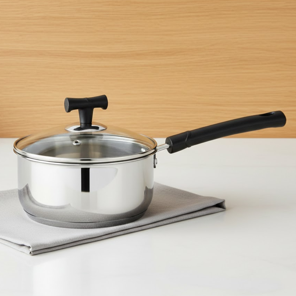 Vinod Doniv Stainless Steel Sandwich Bottom Solitaire Sauce Pan with Glass Lid, product view 14
