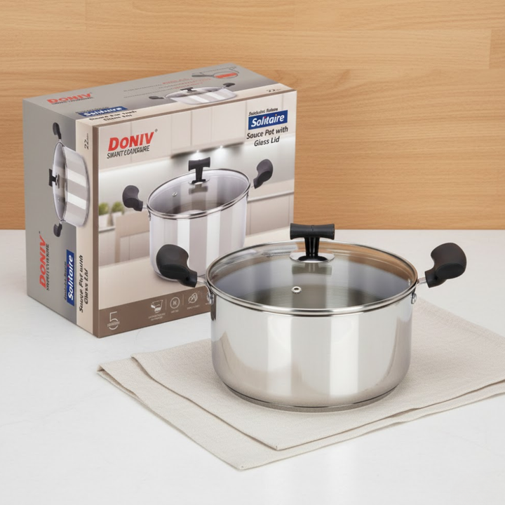 VINOD – DONIV Stainless Steel Sandwich Bottom Solitaire Sauce Pot with Glass Lid & Side handle, Induction Friendly, Capacity 1.4 Ltr (16cm)