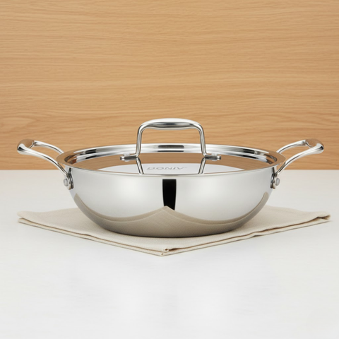 Vinod Doniv Titanium Triply Stainless Steel Kadhai with Cover, front view