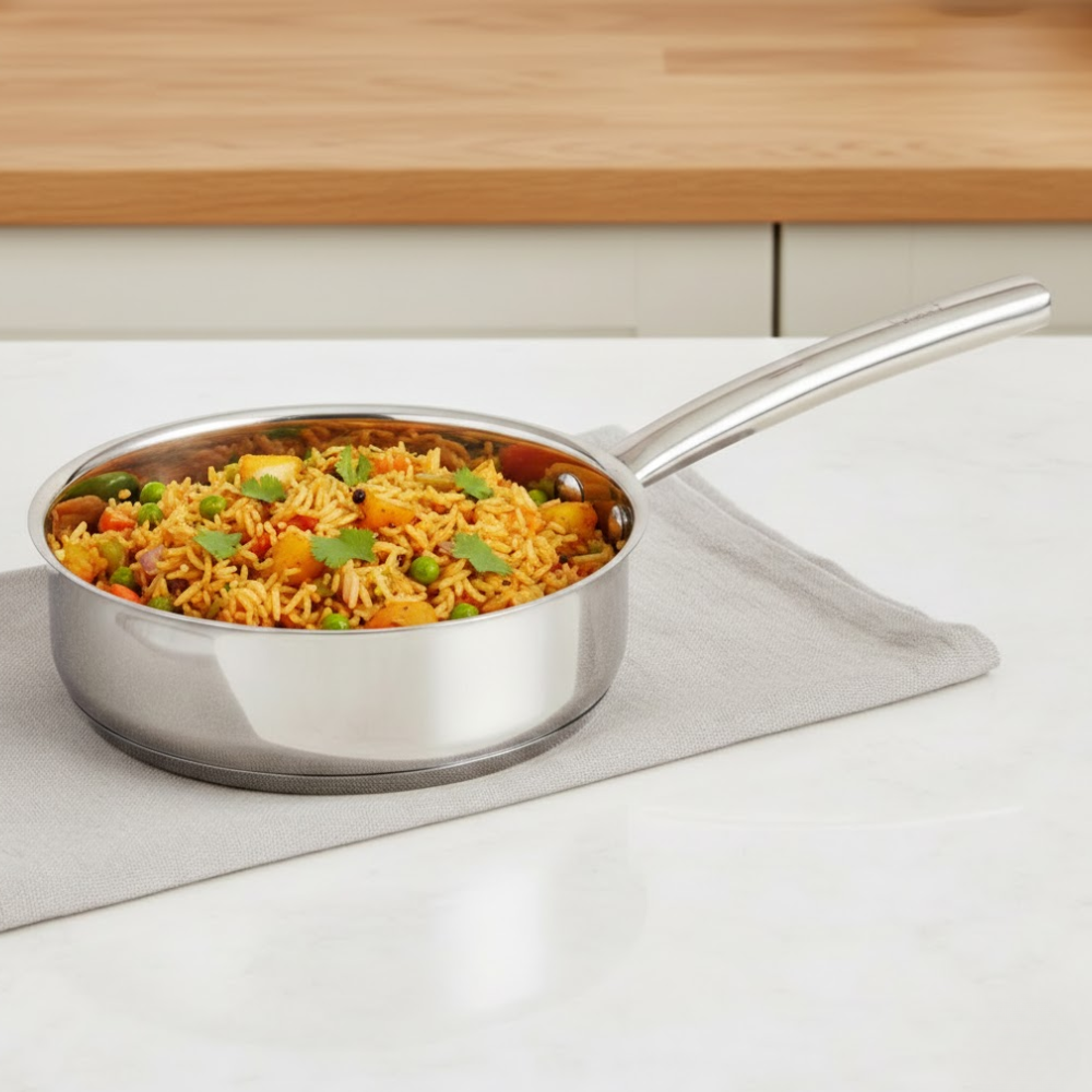 Vinod – Doniv Majestic Stainless Steel Sandwich Bottom Fry Pan, Capacity 2.5 Ltr (22cm) - Induction base